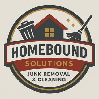 Homebound Solutions junk removal and cleaning logo featuring a house with windows, trash can, and broom in a circular badge design